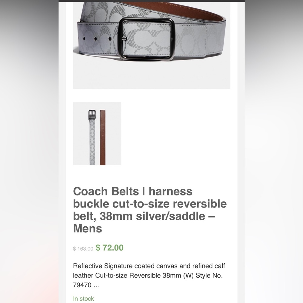 Coach Belt , i-harness buckle, cut to size, reversible men’s belt. Silver/saddle